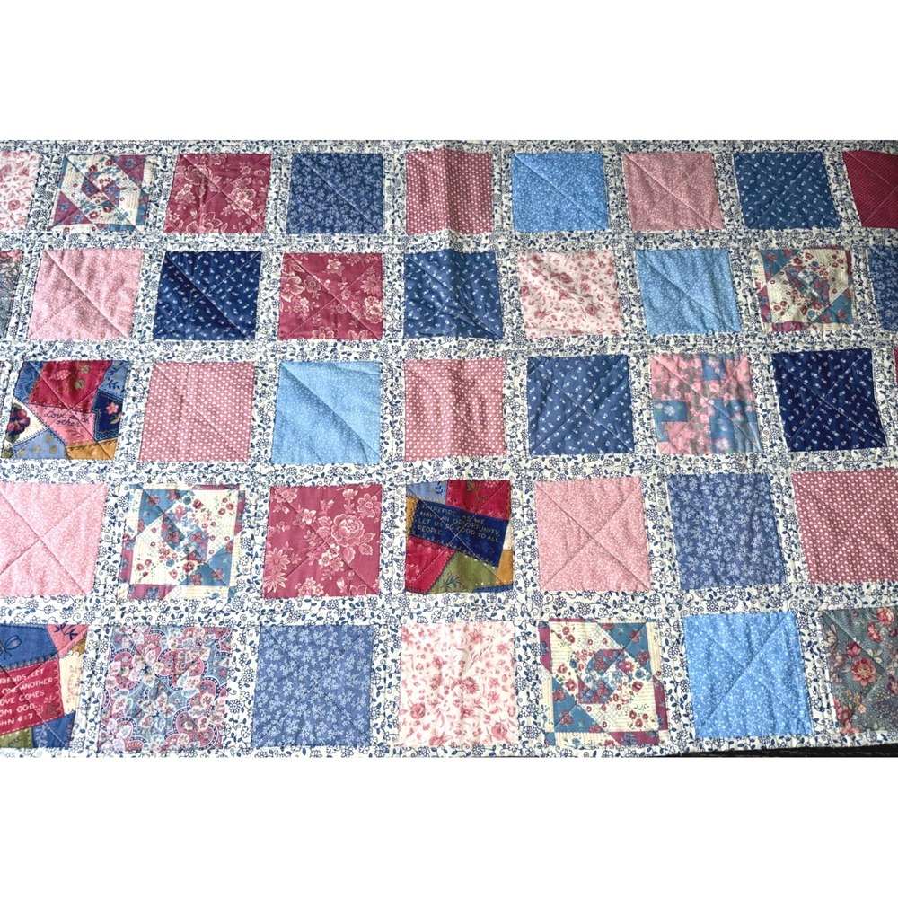 Handmade Patchwork Quilt Religious Scripture Floral Cottagecore Pink Blue 44x30